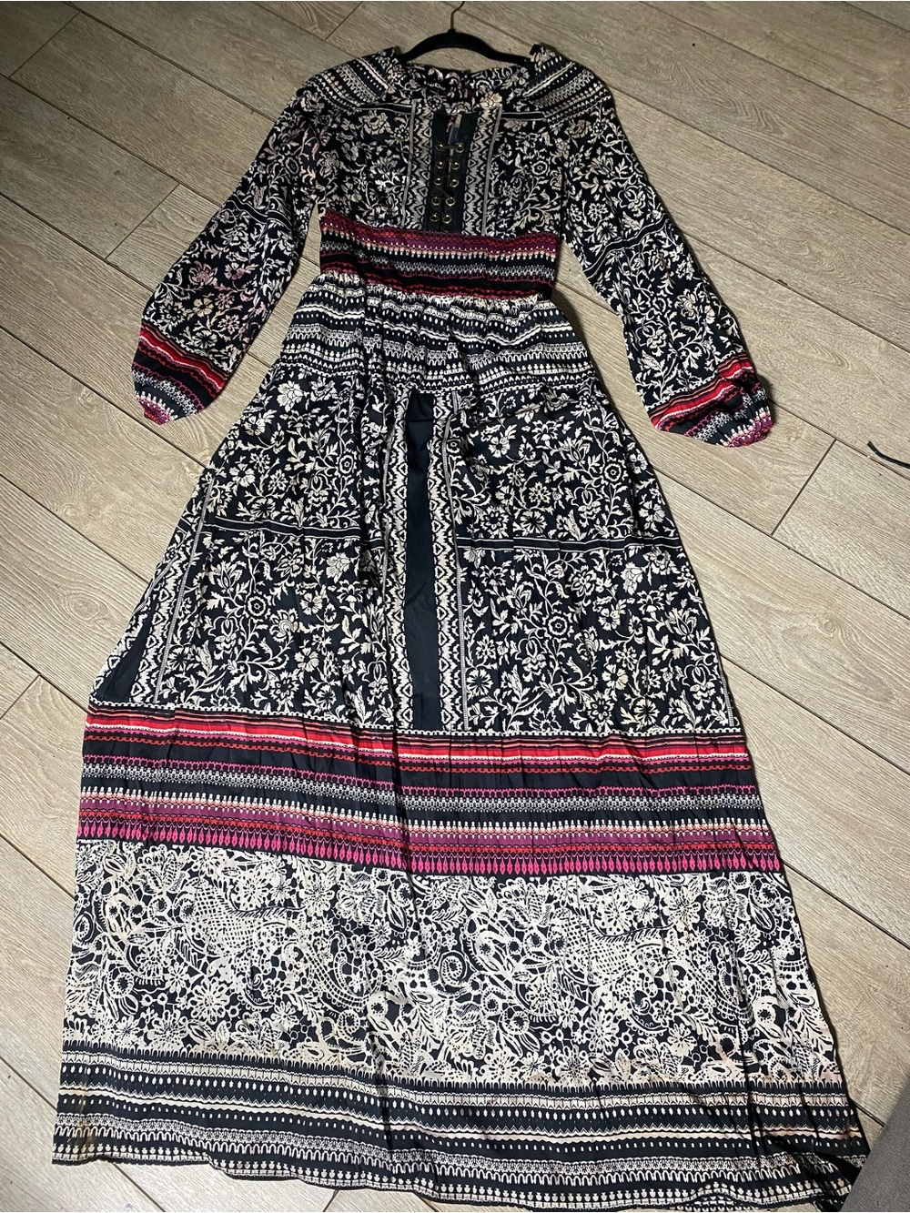 bebe Boho Floral Print Smocked Waist Maxi Dress Long Balloon Sleeve Sz M